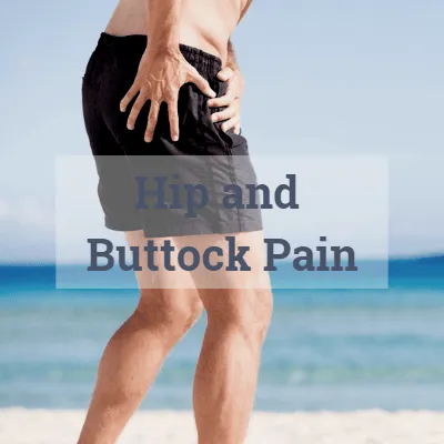 man with hip pain grasping painful gluteal or buttock area